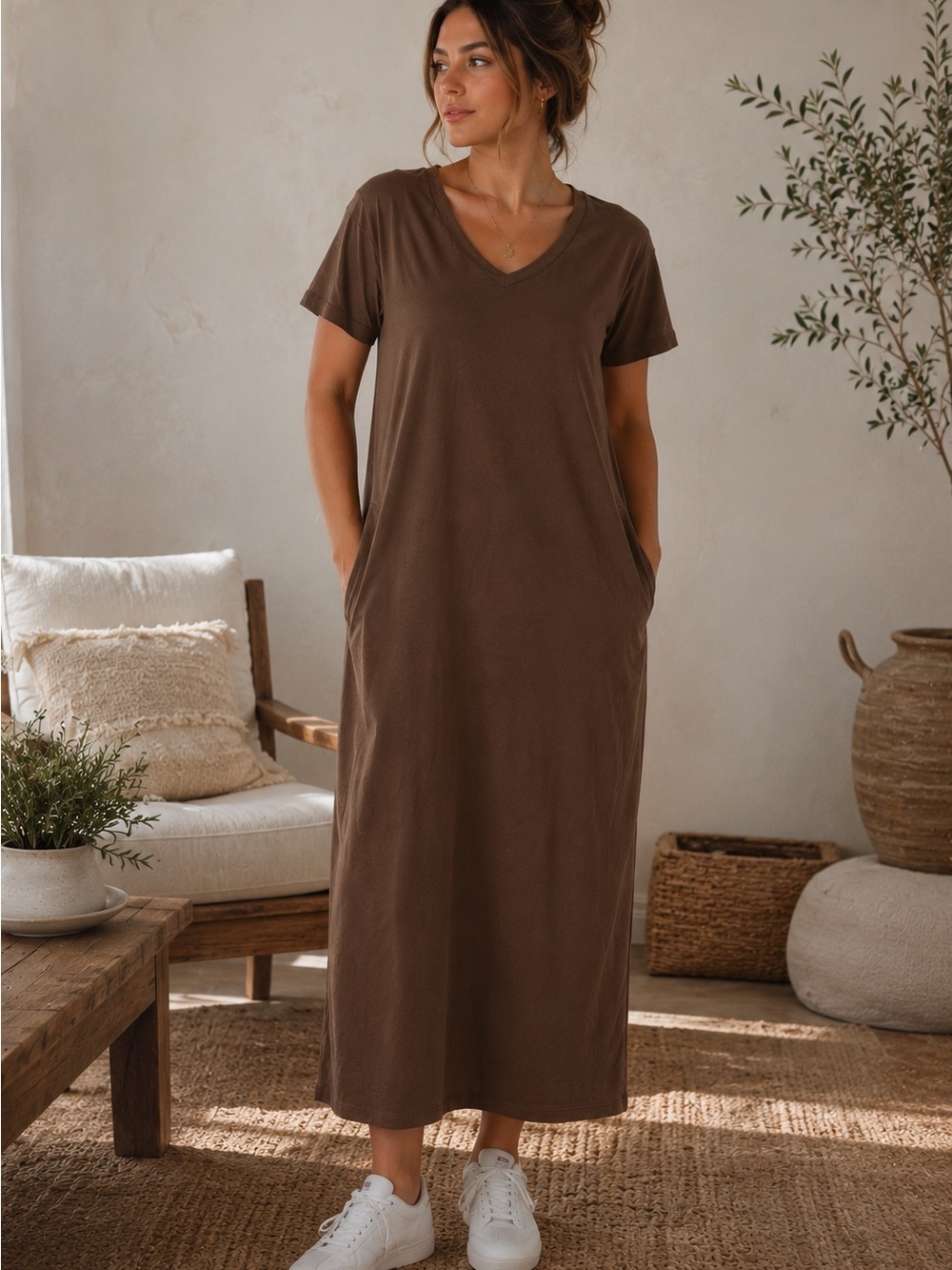 Cherish Women's Brown V-Neck Comfy Pocket Dress |
One Size | Casual Lounge